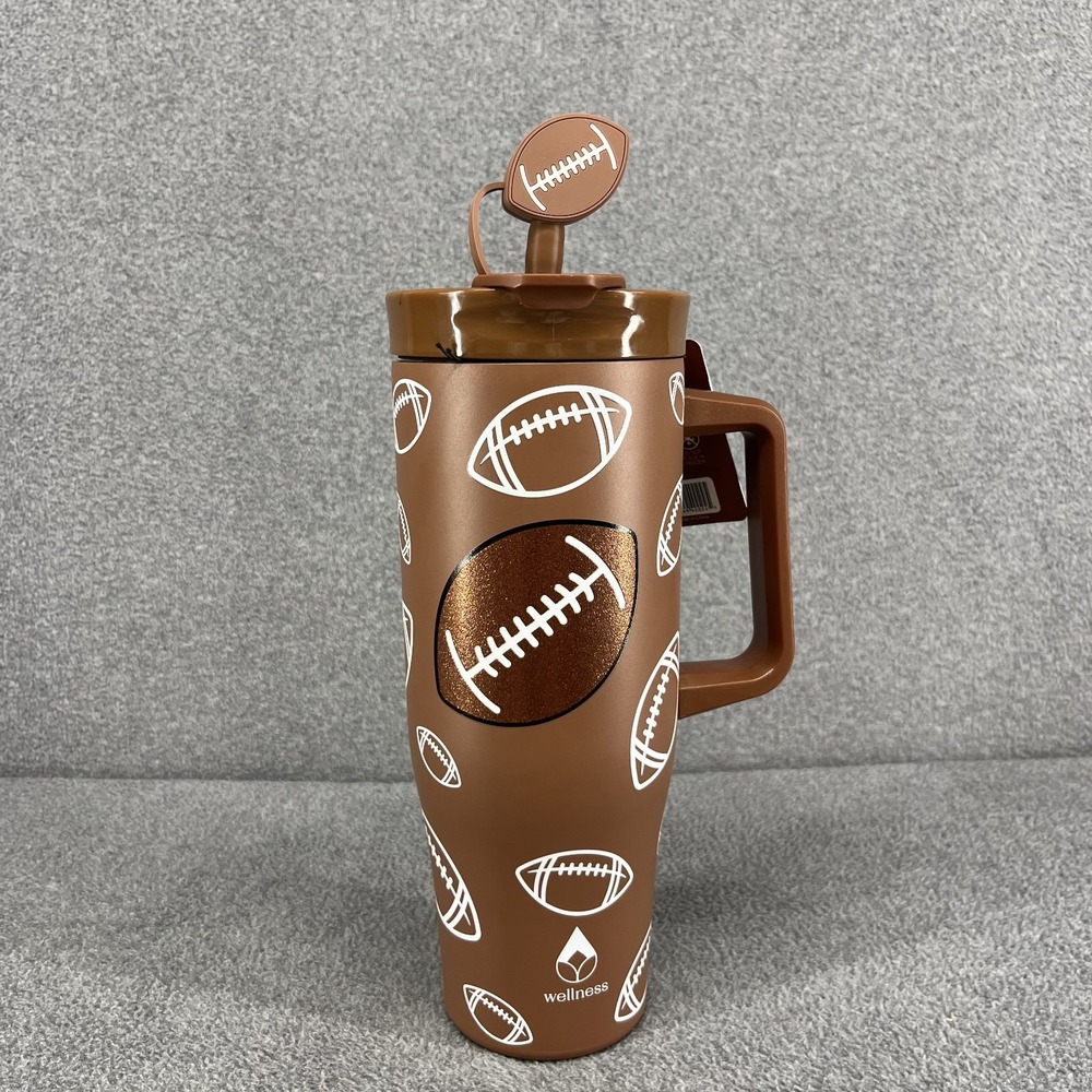 Wellness Footballs Stainless Steel Tumbler Straw‎ flip Lid Brown sparkling 40 oz